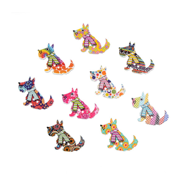 200Pcs Random Mixed 2 Holes Painting Dog Wooden Buttons Sewing Scrapbooking 28x23mm