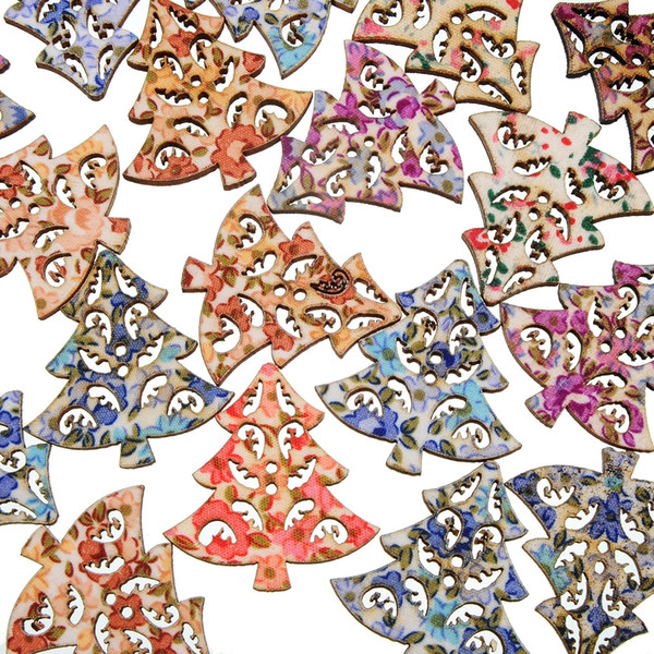 200 Pcs Mixed Hollow Christmas Tree Wooden Buttons Patch Button Fit Sewing and Scrapbooking 34x33mm