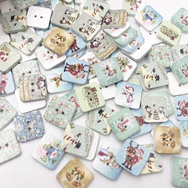 500pcs Mixed Christmas painted Square Wooden Buttons For Sewing Scrapbooking Crafts 15mm 2 Holes WB04