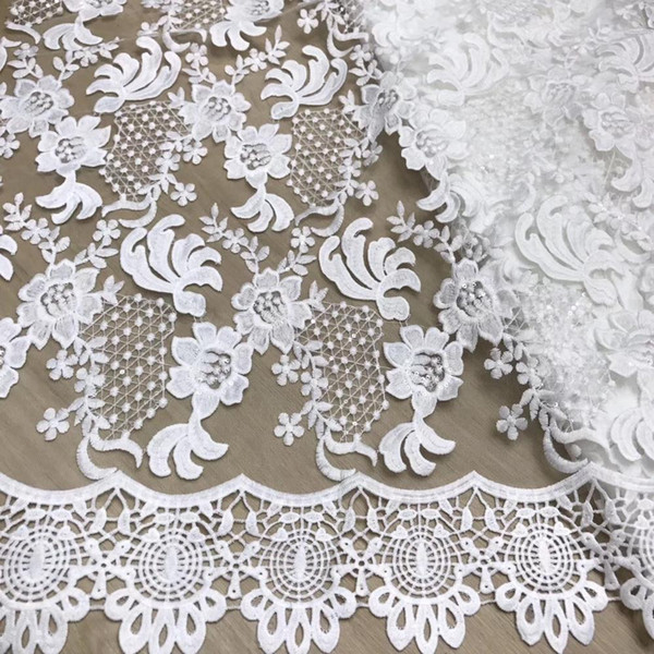 2019 french net lace embroidery french tulle fabric 5 yards cheaper tulle mesh fabric with 3 d flowers for wedding dress white