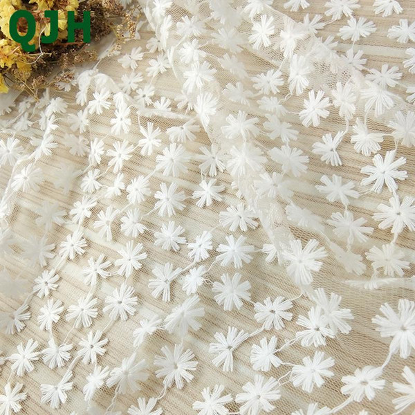 New White Swiss Cotton Thread Embroidered Lace Fabric 120cm Width French Voile Soft Hollow Mesh Tulle DIY Wedding Dress Cloth