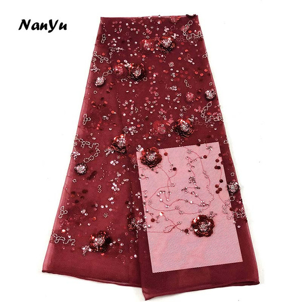 Latest 3D Sequin Flowers Fabric Middle East Red Paillette Tulle Lace Sewing Material Fabric