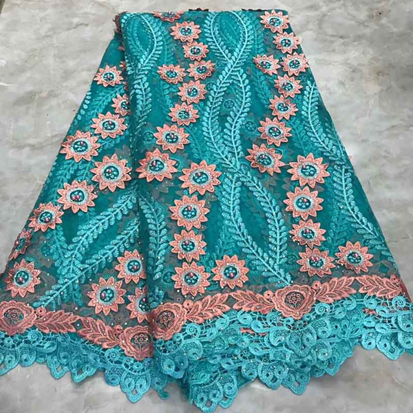 French Nigerian Lace Fabrics High Quality Tulle African Laces Fabric Blue Lace Embroidered With Bead Mesh Fabric For Party Dress
