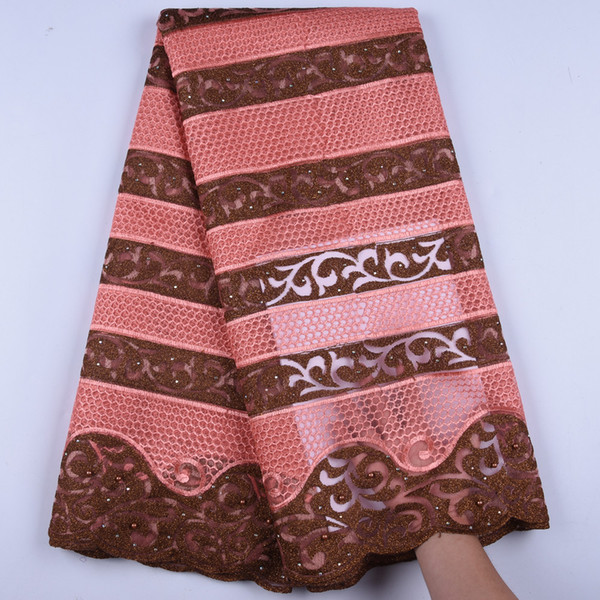 Latest 2019 Nigerian French Mech Lace Fabric Embroidered High Quality African Lace Fabric Orange Color For Party F1607
