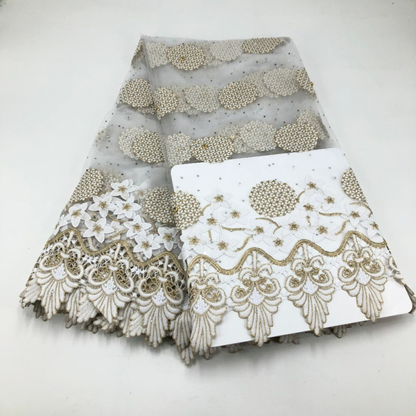 Gold+White Color High Quality Guipure Lace/Nigerian Lace Fabric French Net Lace/African Lace Fabrics for Wedding Dress SML91-104