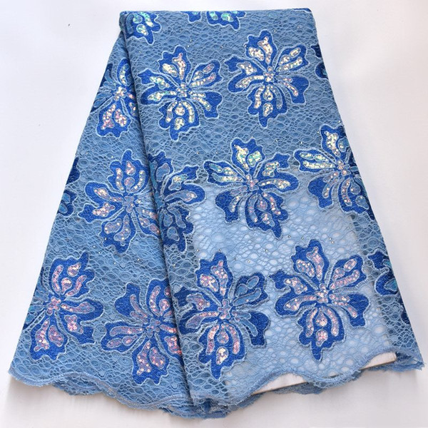 Newest Big floral sky blue shiny African French lace sewing mesh tulle fabric with stone and sequins High quality mv126