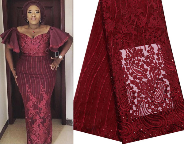 2019 Latest Nigerian Wine Red Laces Fabrics High Quality African Laces Fabric for Wedding Dress French Tulle Lace ZA168