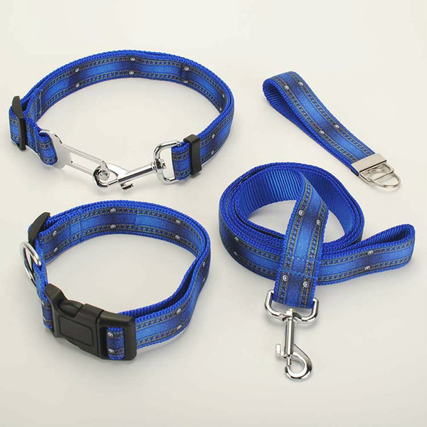 NEW Four set dog supplies,1'' 25mm Denim pattern printed,Dog Collar & Dog Leash nylon belt,KEY fob