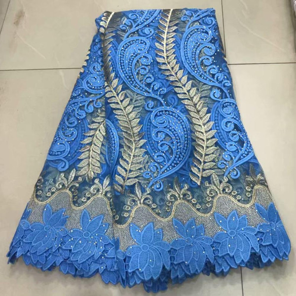 Gold Blue african lace fabric 2019 high quality lace french mesh fabric stones nigerian tulle fabrics for dress