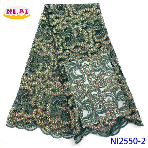 Sequined Lace Fabric 5 Yards, Green Sequin Organza Lace Fabric 2019, High Quality Ni2550