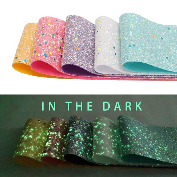 JOJO BOWS materials 75MM width Luminous Chunky Glitter Fabric Synthetic Leather Sheets Glow In The Dark DIY Hair Bows Apparel Sewing 5yards