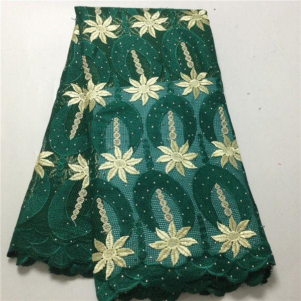 Afrian French Lace Net guipure Cord Embroidery Lace Fabric Rhinestones for Wedding dress apparel sewing fabric in green pl14-91