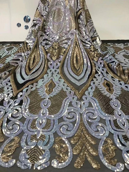 High class tulle mesh material sexy French net lace fabric with sequins and fringing (5yards/lot)