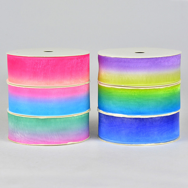 25mm Wide 1 inch Polyester Gradient Rainbow Color Printed Organza Ribbon for Crafts Diy Decoration Wedding Party