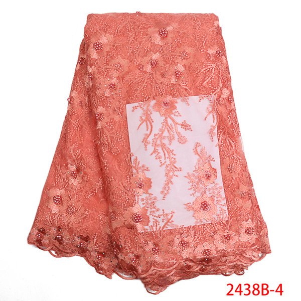 Hot Sale African Tulle Lace Fabric with Beads High Quality French Mesh Lace Nigerian Fabric for Wedding Dress APW2438B-1