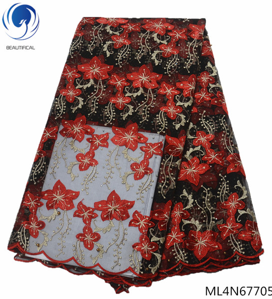 Beautifical lace material mesh lace fabric embroidery french tulle fabric with flower beads 5 yards per piece ML4N677