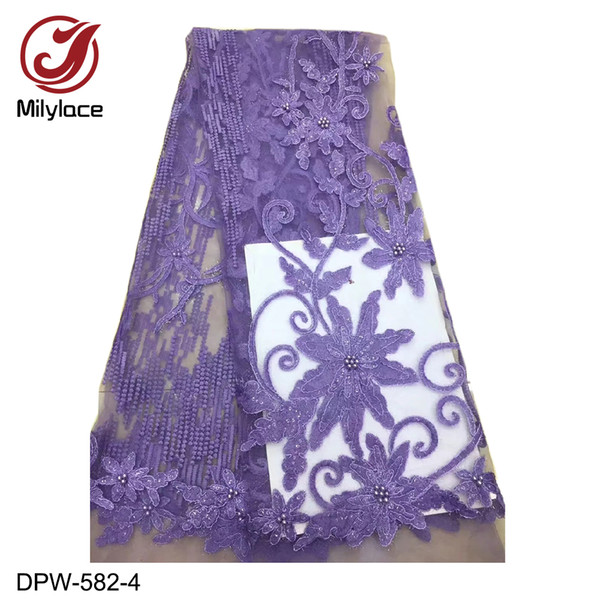Quality guaranteed hot sale lilac french lace fabric 5 yards per lot african lace beaded embroidery french fabric DPW-582