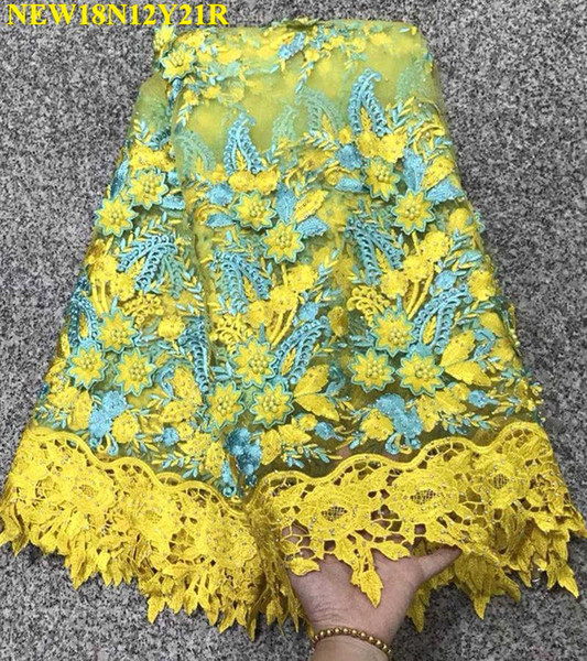 French 3D applique Net Lace Fabric 2019 Latest African Lace Fabric With Beads Yellow Embroidery Mesh Tulle NH-011