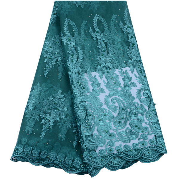 2019 Latest African French Lace Fabric Green High Quality Tulle Laces Fabric With Beads And Stones For African Lace Dresses 1492