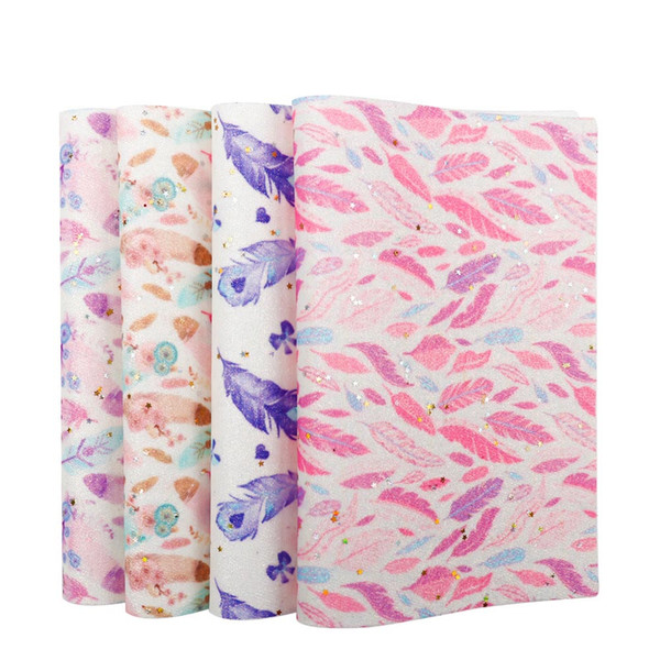 22*30CM Synthetic Leather Fabric Feather Printed Glitter Star Sheet For DIY Gift Handmade Kids Bow Patchwork Crafts Materials