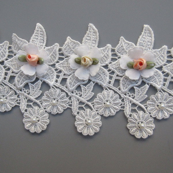 2 Meter 10.5cm White Pearl Daisy Flower Lace Edge Trim Ribbon Fabric Embroidered Applique Sewing Craft Wedding Dress Clothes DIY