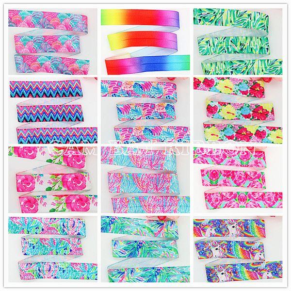 Color Options 1'' 25mm Lilly Rainbow Flower Horse Printed Fold Elastic Ribbons FOE Ribbon Headband Headwear DIY Decoration OEM Free Shipping