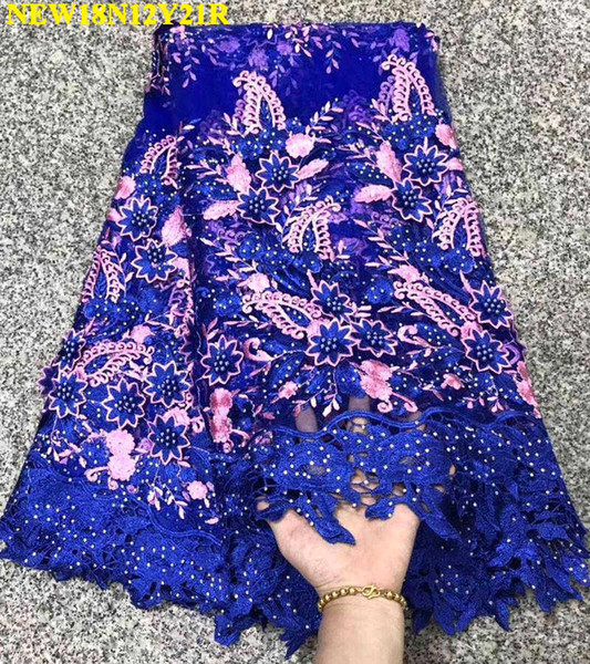 Most popular Royal blue Nigerian Lace Fabrics For Wedding dress 2019 African French Lace Fabric High Quality with beads NH-013