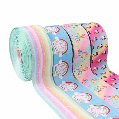 2Yards Cartoon Printed Grosgrain Ribbons Single Face 100% Polyester Colorful Unicorn 75mm Printed Ribbons 4 Colors