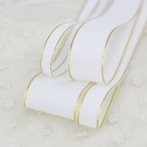 (50 yards/lot) White Gold Edge Grosgrain Ribbon Wholesale Gift Wrapping Christmas ribbons Hair accessories