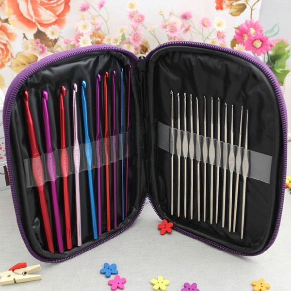 Multi-color Aluminum Handle Crochet Hooks Kit Yarn Stitches Knitting Needles Weave Craft Sewing Tools With Case for Baby Sweater 22PCS/Set