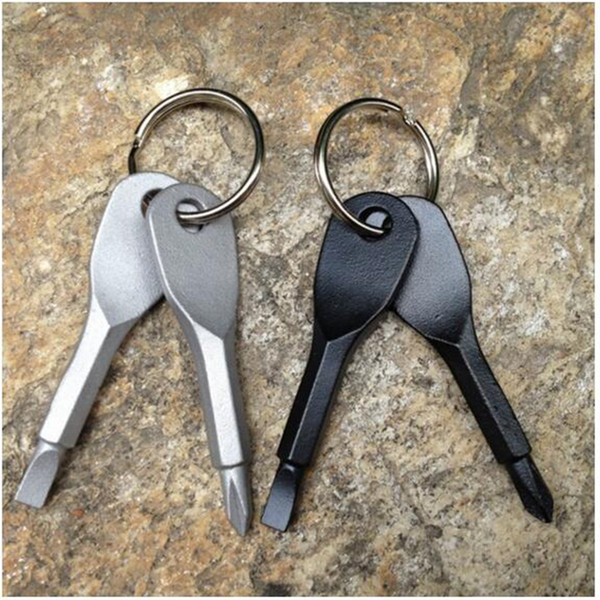 Hot Sell 2 Keys Stainless Keychain Pocket Black Silver Tool Screwdriver Set Outdoor Multifunction Key Chain Tools