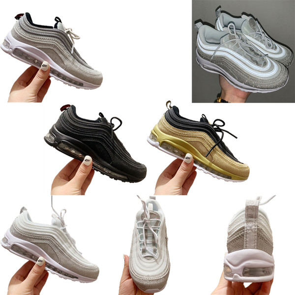 2020 New Arrival Kids 97 Aircushioned Running Shoes 97 White Babysbreath Designer Kids Casual Sneakers Size 28-35