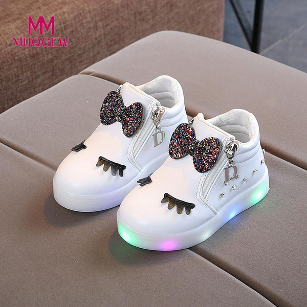 MUQGEW Kids Baby Infant Girls Crystal Bowknot LED Luminous Boots Shoes Sneakers Butterfly knot diamond Little white shoes #EW