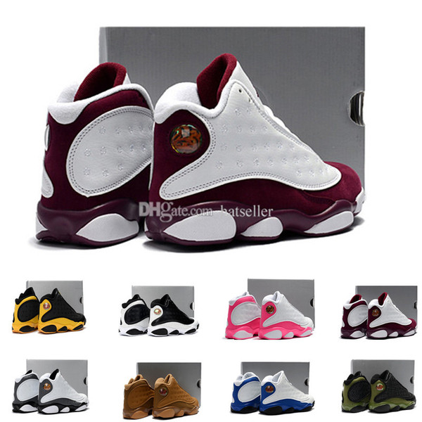 13 Bordeaux kids basketball shoes Pink Yellow Olive Love Respect black cat Chicago bred HOF youth boy girl children 13s eur28-35