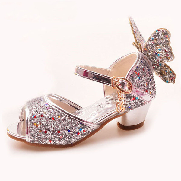 Girls Sandals Rhinestone Butterfly pink Latin dance shoes 5-13 years old 6 children 7 summer high Heel Princess shoes kids