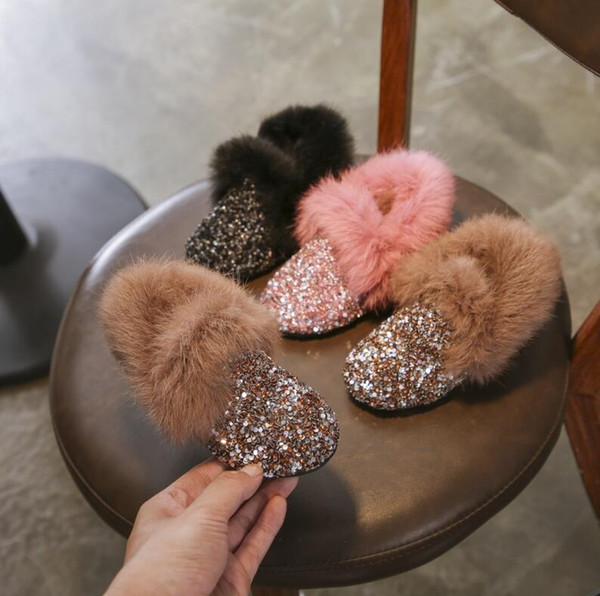 Fashion Winter Kids Casual Fur Thicken Sequins Girls Plush Warm Western Leather Shoes Sewing Cute Snow Boot