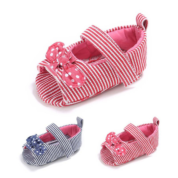 Baby Girls peep-toe cloth sandals Toddlers cute dots bow decoration slim striped summer shoes 2 colors sweet Girls soft sole first walkers