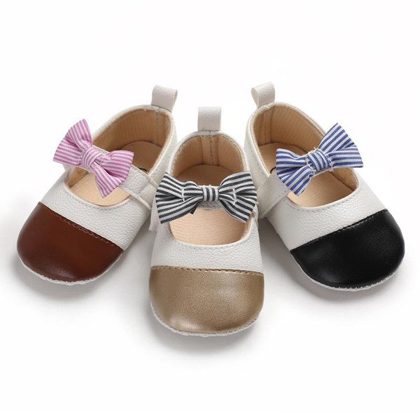 Baby Girls princess leather shoes soft sole infants first walkers 3 color ways little lady shoes with striped bow 0-18m toddlers birthday sh