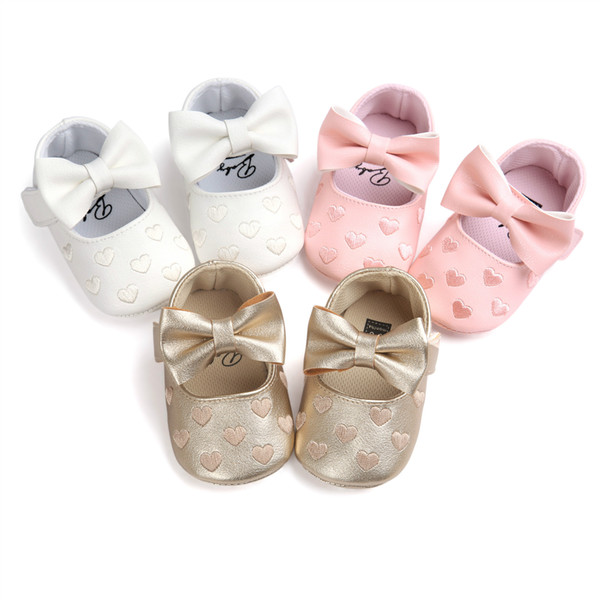 Wholesale Infant Girl Shoes Babies PU Moccasins Toddler Shoes Princess Bow Soft Soled Non-slip Love Heart Footwear Crib Shoes Newborn 0-18M