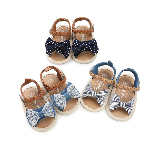 Soft bottom anti-skid baby sandal kids girls Lace Denim Patchwork Bow baby First Walkers infant shoes 3 colors