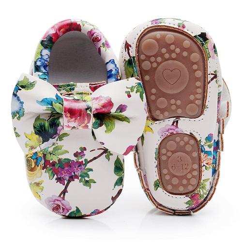 Fashion Floral printing hard sole toddler moccasins first walker shoes PU leather cute bow baby girls shoes infant walk