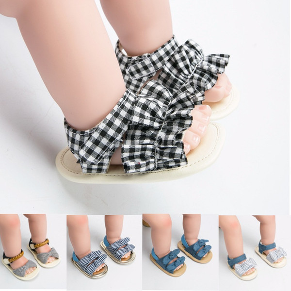 2019 new Summer Stripe lattice Plaid Baby Moccasins Newborn First Walker Shoes girls Bow princess Sandals Infant Shoes 7 styles C6299