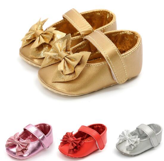 4 colors new arrivals Soft bottom anti-skid baby PU kids girl Bow Princess baby First Walkers shoes