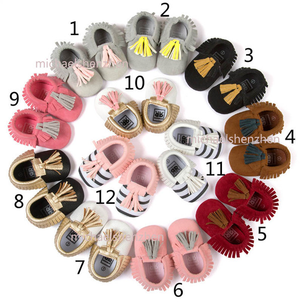 12 Color Baby stripe paillette moccasins soft sole PU leather first walker shoes children newborn Tassels maccasions bow shoes B001