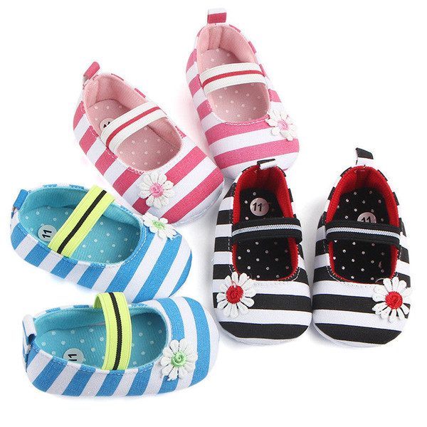 Newborn to 18M Infants Baby Girl Soft Crib Shoes Flower Striped Canvas Moccasin Prewalker Sole Shoes Baby Girl