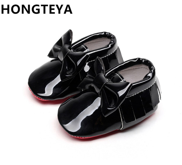 HONGTEYA tassel Patent leather Red bottom soft sole Baby Moccasins baby boys girls Shoes bow-tie Infant toddler first walkers