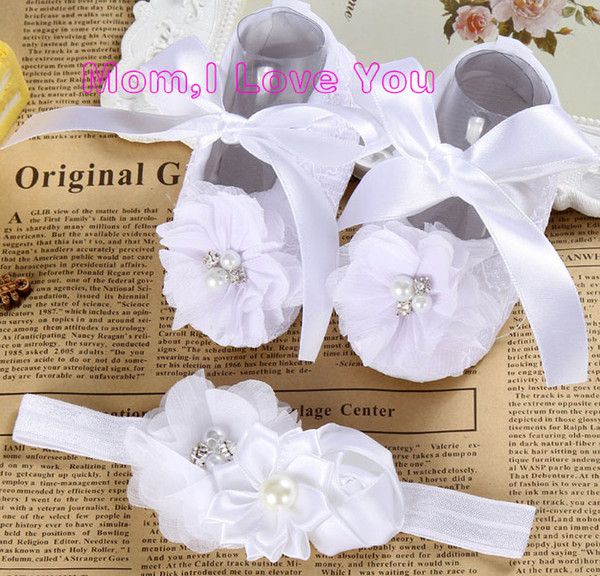 Ivory Newborn Booties Christening Shoes For Baby Girl;infant Headband Set Toddler Baby Shoes Ballerina; Girls Baptism Set Y19051504