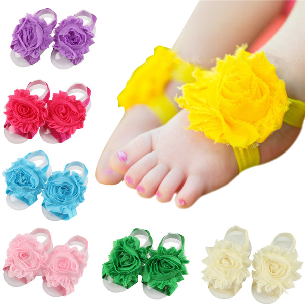 New Arrival kids Flower Sandals baby Barefoot Sandals Baby girl Foot Flower Wristband Folds Chiffon Flower baby girl shoes KFA02