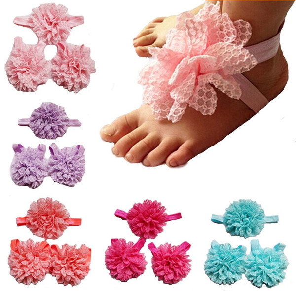 New Arrival kids Flower Sandals baby Barefoot Sandals Baby Foot band Wristband Barefoot Sandals Folds Chiffon Flower KFA13