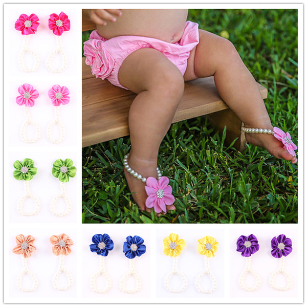 Flower Sandals Simulated Pearl Anklets Newborn Baby Girls Foot Band Toe Rings First Walker Barefoot Sandals Kids Photography props KFA39